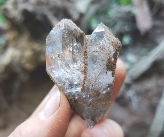 heart shaped herkimer diamond just dug from a vug