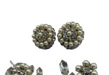 vintage costume jewelry pin and earrings set with faux pearls