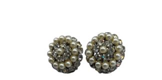 vintage costume jewelry pin and earrings set with faux pearls